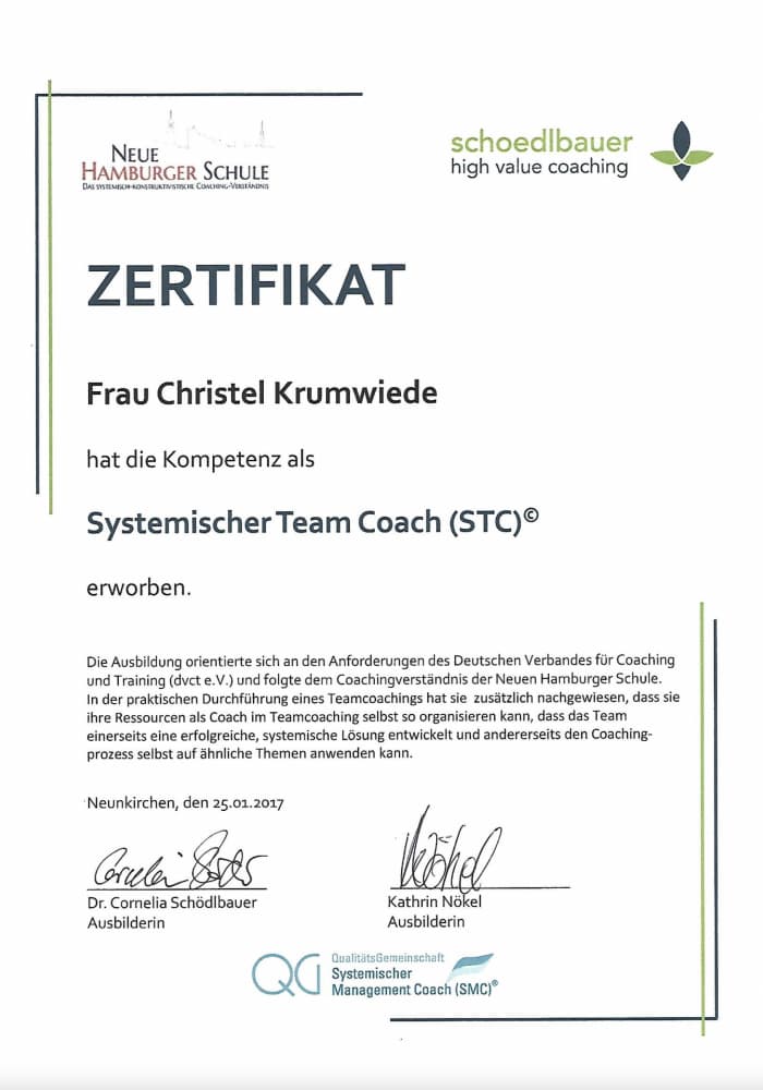 Zertifikat Systemischer Team Coach  Krumwiede Nürnberg