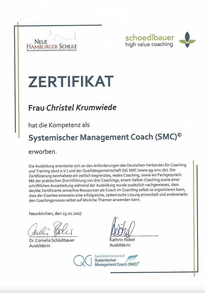Zertifikat Zertifikat Systemischer Management Coach Krumwiede Nürnberg